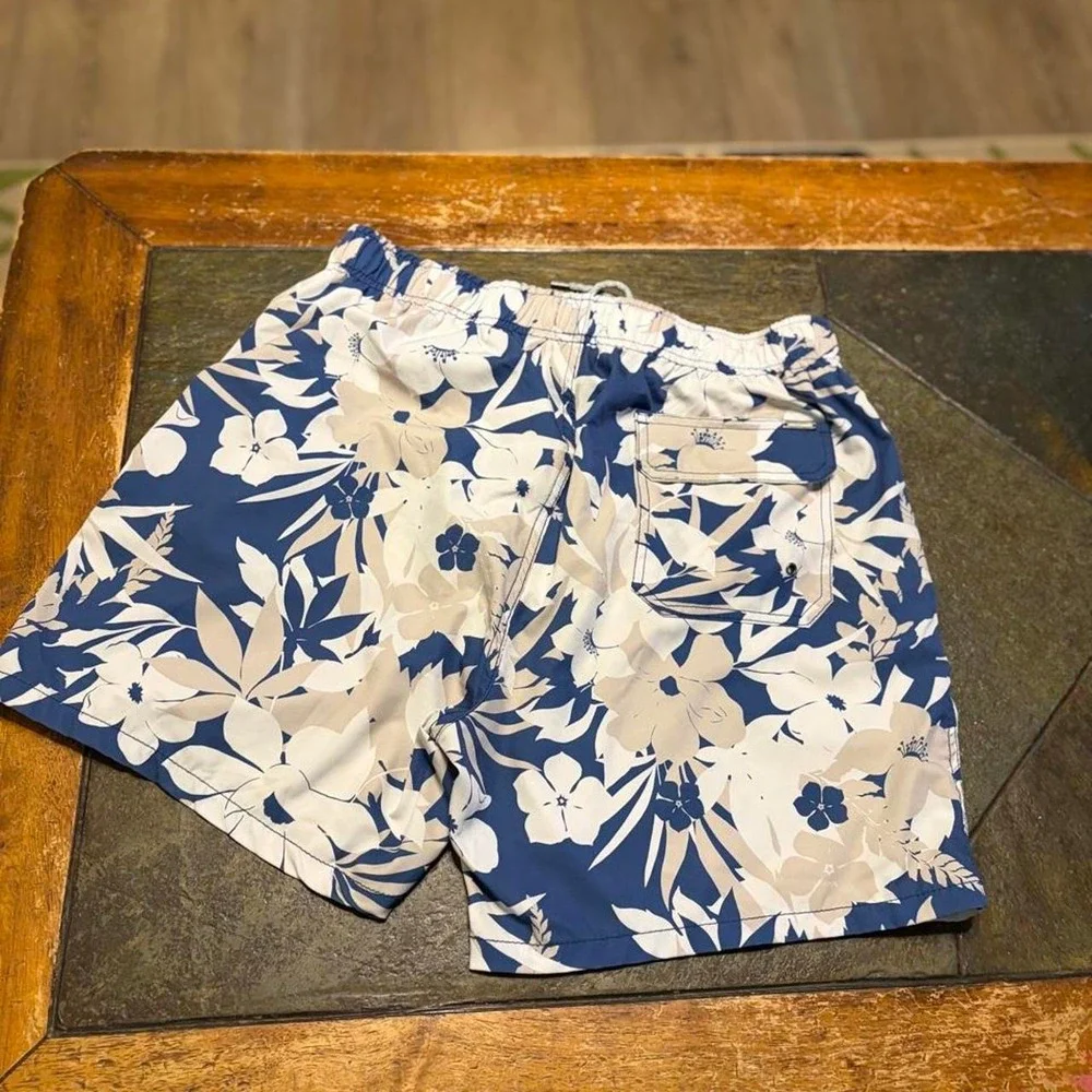 Vintage Summer Mens Tropical Floral Swim Trunks Blue Cream Large V70807SET